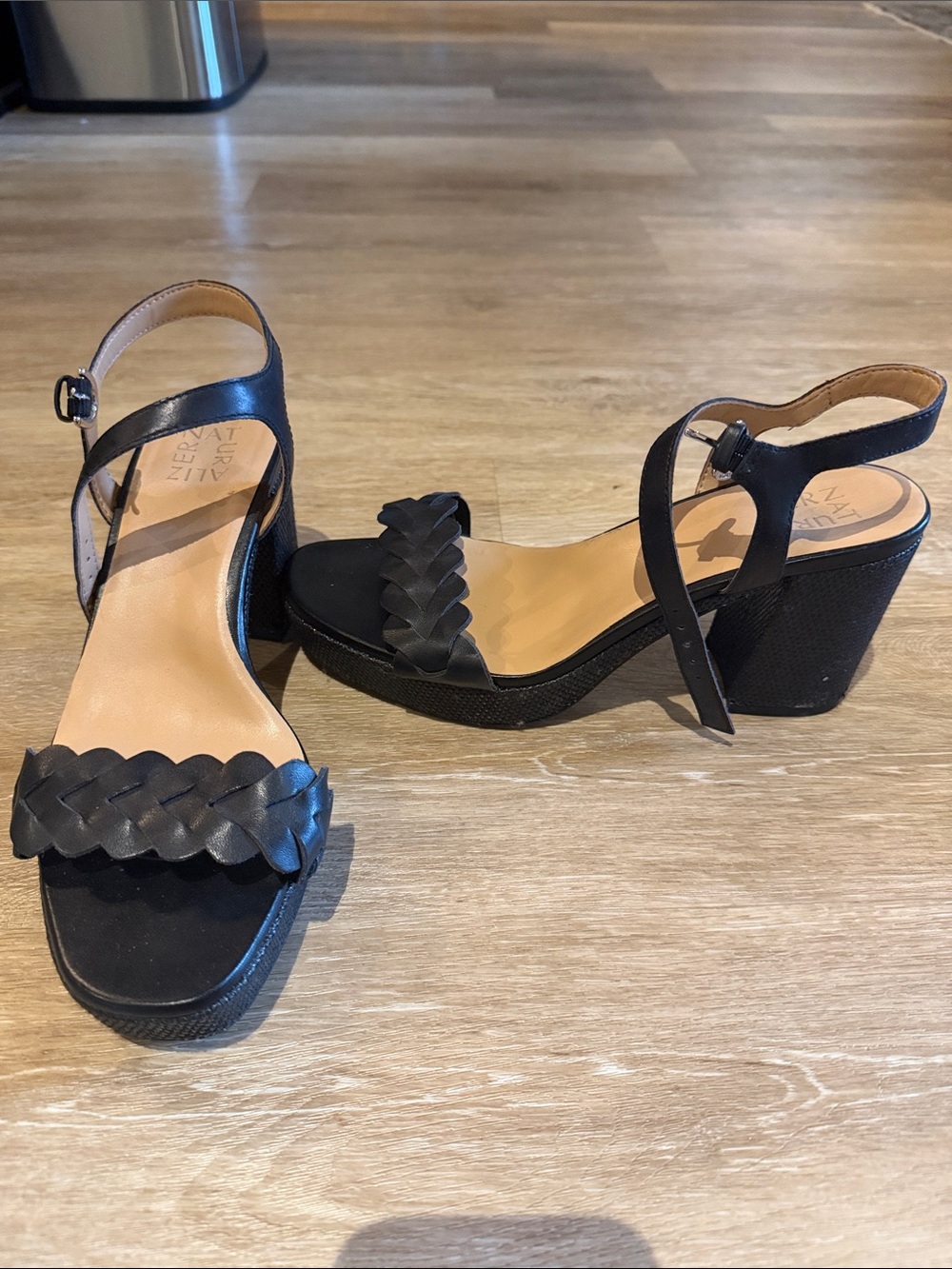 Naturalizer Black Braided Strap Block Heel Sandals